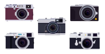 Illustration for Front view mirrorless camera set, digital camera for photography. camera design with stunning optical lens. photographer's equipment. digital camera designs vary for shooting - Royalty Free Image