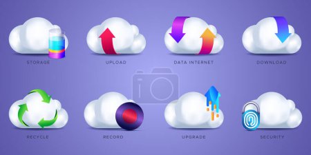 Téléchargez les illustrations : Icône web cloud - style réaliste. icônes cloud computing réalistes pack. élément icône du site Web. icône de téléchargement, icône de téléchargement, icône de données Internet - en licence libre de droit