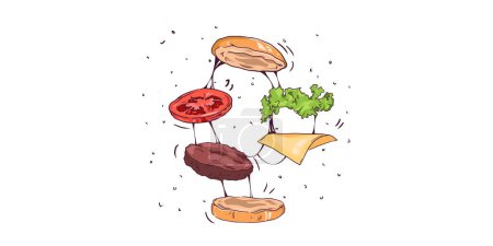 Ilustración de Comida - ilustración vectorial de una hamburguesa, concepto de hamburguesa flotante. delicioso diseño de alimentos, hamburguesa voladora - Imagen libre de derechos