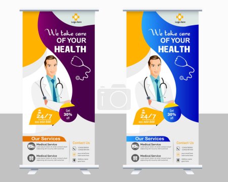 Illustration for Healthcare and medical roll up and standee design banner, Corporate Medical roll up banner vector template design or poll up standee for healthcare hospital. - Royalty Free Image