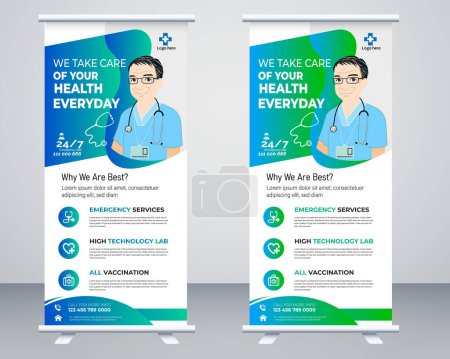 Illustration for Healthcare and medical roll up and standee design banner, Corporate Medical roll up banner vector template design or poll up standee for healthcare hospital. - Royalty Free Image