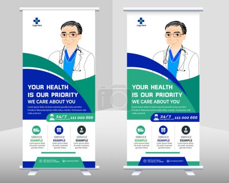 Cuidado de la salud y médicos roll up y banner de diseño standee, Corporate Medical roll up banner vector template design or poll up standee for healthcare hospital.