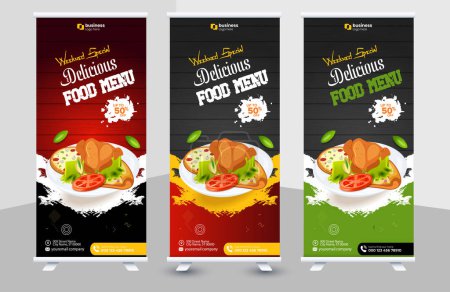Illustration for Creative fast food and restaurant roll up banner template, Delicious burger and food menu Instagram and Facebook story template - Royalty Free Image