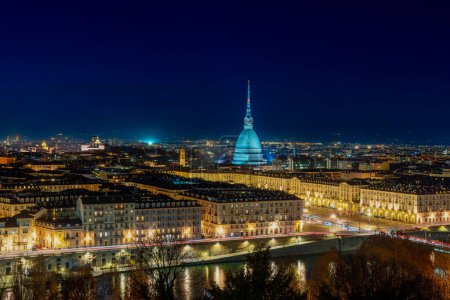 Photo for High definition night panorama of Turin, illuminated by artist. - Royalty Free Image
