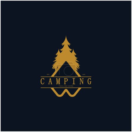 Foto de Logotipo de tienda vintage y retro, camping. Con carpa, árbol y letrero de hoguera. aventureros, exploradores, escaladores, centro de equipos de camping - Imagen libre de derechos