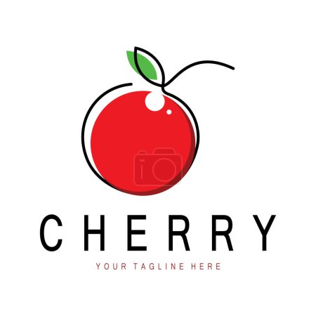 Ilustración de Logotipo de fruta fresca de cereza con estilo minimalista de la línea de hojas. para tienda de frutas, granja de cerezas, torta, negocio, - Imagen libre de derechos