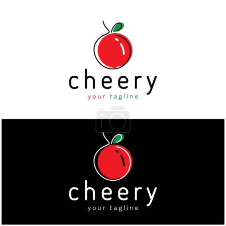 Ilustración de Logotipo de fruta fresca de cereza con estilo minimalista de la línea de hojas. para tienda de frutas, granja de cerezas, torta, negocio, - Imagen libre de derechos