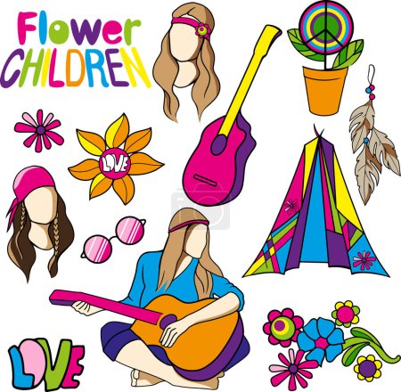Illustration for Hand drawn set in 70x stale, flower children - Royalty Free Image