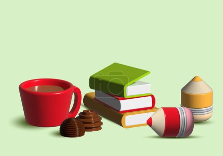 Illustration for 3d art with coffee and books and pencil - Royalty Free Image
