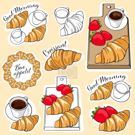 Ilustración de Pegatinas dibujadas con croissant - Imagen libre de derechos