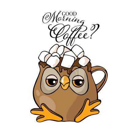 Illustration for Drawn owls cups with coffee and book - Royalty Free Image