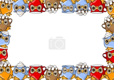 Illustration for Drawn frame with owl cups with coffee and books - Royalty Free Image