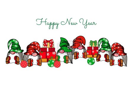 Illustration for Christmas card with painted gnomes and gifts. Merry Christmas. Happy New Year. - Royalty Free Image