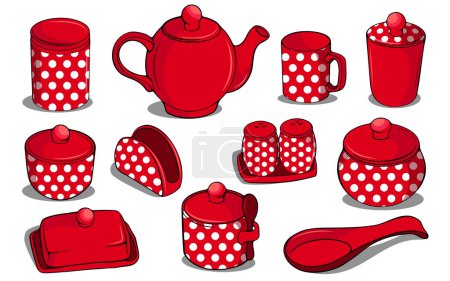 Téléchargez les illustrations : Un ensemble de thé rouge à pois dessiné à la main, ensemble d'articles de poupée pour le thé - en licence libre de droit
