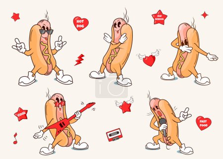 cartoon character of hot-dog ,groovy retro food street , rock star hot-dog