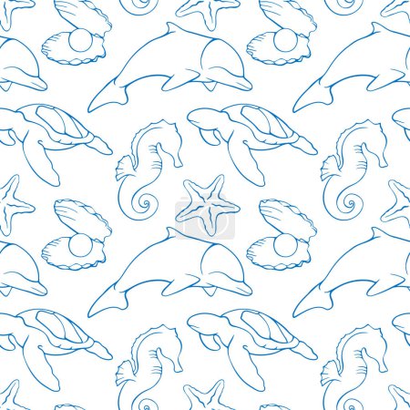 vector seamless pattern with whale, fish and starfish. marine animal, whale, whale and sea.