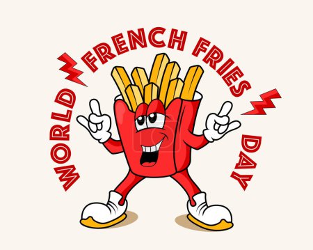 Día mundial de las papas fritas. personaje de dibujos animados groovy, ilustración de vectores.