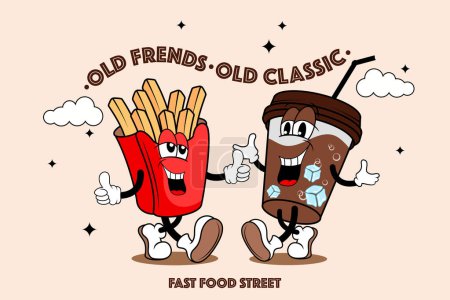 fast food vintage poster with cartoon characters cola & French fries. vector illustration for your design.
