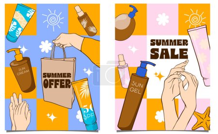 Illustration for Set of summer sale posters for body care cosmetics - Royalty Free Image