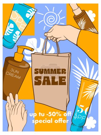 Illustration for Summer sale of hand and body creams, banner with drawn elements of hands and jars of cream - Royalty Free Image