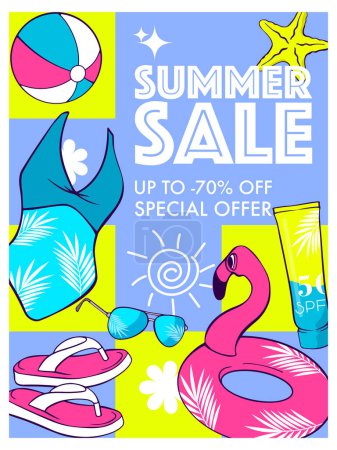 Illustration for Bright summer banner with summer sale, with drawn summer attributes. - Royalty Free Image