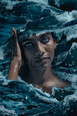 Photo for Beautiiful woman with ocean waves portrait - Royalty Free Image