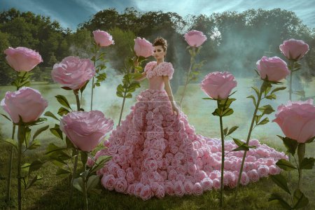 Beautiful woman in the dress of roses  in the garden with giant roses