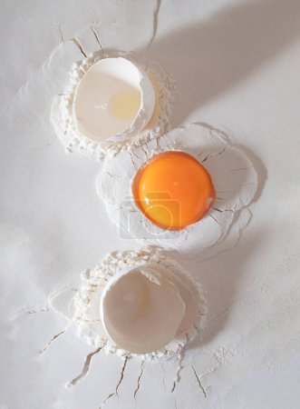 Foto de Huevo hecho de polvo blanco, yema y cáscara de huevo. Acostado. Concepto de espacio de copia creativa. - Imagen libre de derechos