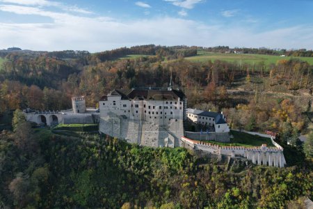 Photo for Cesky Sternberk,Czech republic- September 16 2022:Cesky Sternberk aerial panorama landscape view of this old well fortified medieval castle,Czech republic,Europe - Royalty Free Image