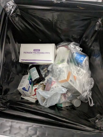 Photo for Prague,Czech republic  May 23 2023 : Wasting with drugs sometimes unopened packs are thrown away to Pharmacy special garbage bin.Unused medicine cost huge amount of money from Health care systems - Royalty Free Image