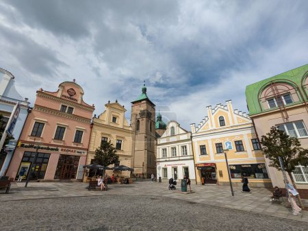 Photo for Havlickuv Brod,Czech republic - July 11 2022: historical old town square of Havlickuv Brod with fountain,Vysocina region in Czech republic - Royalty Free Image