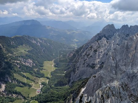 Photo for Aerial panorama landscape view of Austrian Alps in Germany and Austrian border as seen from a paragliding wing,beautiful nature scenery of hilly mountains region - Royalty Free Image