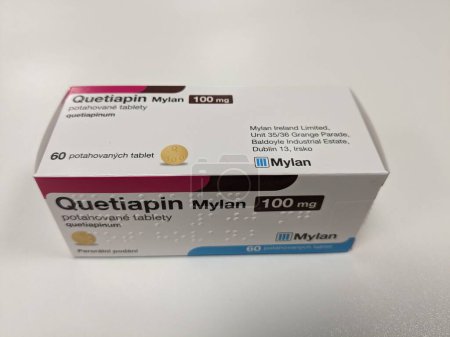 Photo for Prague,Czech republic-January 8 2024: box of  QUETIAPIN MYLAN Czech medication with quetiapine active substance made by pharmaceutical company MYLAN - Royalty Free Image