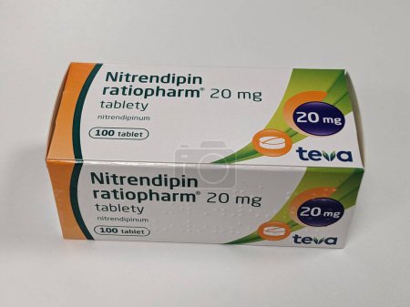 Photo for Prague,Czech republic- June 22 2023: box of Nitrendipine is a dihydropyridine calcium channel blocker. It is used in the treatment of primary hypertension to decrease blood pressure and can reduce the cardiotoxicity of cocaine - Royalty Free Image