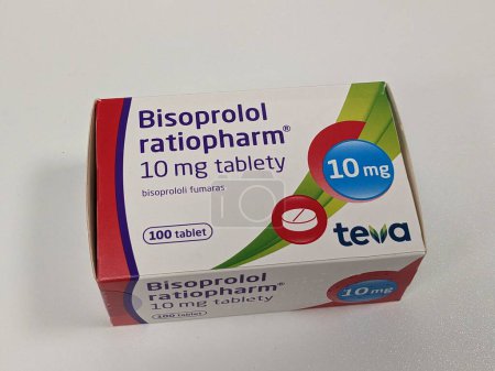 Photo for Prague,Czech republic- June 22 2023: box of BISOPROLOL-RATIOPHARM 5 MG 100X5MG with active pharmaceutical substance bisoprololum used as beta blocker medication used for heart diseases.tachyarrhythmias,high blood pressure,chest pain and heart failure - Royalty Free Image