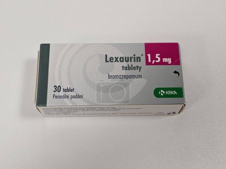 Photo for Prague,Czech republic- June 22 2023: box of LEXAURIN-Bromazepam is a benzodiazepine.anti-anxiety agent with similar side effects to diazepam.Used to treat anxiety or panic states, bromazepam may be used as a premedicant prior to minor surgery - Royalty Free Image