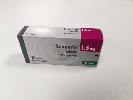 Photo for Prague,Czech republic- June 22 2023: box of LEXAURIN-Bromazepam is a benzodiazepine.anti-anxiety agent with similar side effects to diazepam.Used to treat anxiety or panic states, bromazepam may be used as a premedicant prior to minor surgery. - Royalty Free Image