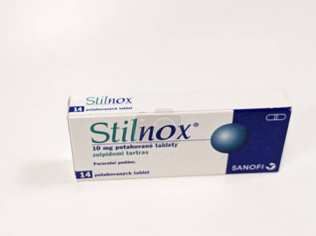 Photo for Prague,Czech republic- June 22 2023: box of Stilnox 10mg with active pharmaceutical substance Zolpidemi tartas used as insomnia treatment,heatlh care Czech republic,Europe,European union pharmacy concept - Royalty Free Image