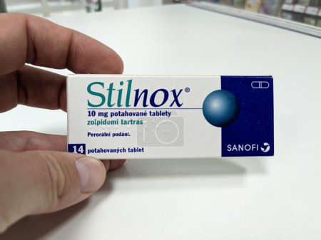Photo for Prague,Czech republic- June 22 2023: box of Stilnox 10mg with active pharmaceutical substance Zolpidemi tartas used as insomnia treatment,heatlh care Czech republic,Europe,European union pharmacy concept - Royalty Free Image