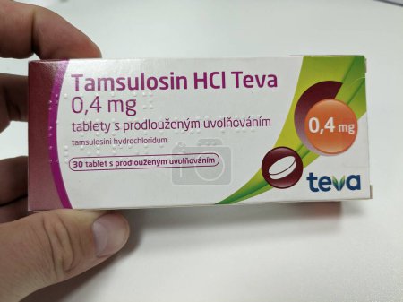 Photo for Prague,Czech republic- June 22 2023:box of TAMLULOSIN HCL TEVA  with active pharmaceutical substance tamsulosin used to symptomatic benign prostatic hyperplasia and chronic prostatitis,heatlh care Czech republic,Europe,European union pharmacy concept - Royalty Free Image