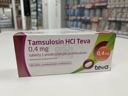 Photo for Prague,Czech republic- June 22 2023:box of TAMLULOSIN HCL TEVA  with active pharmaceutical substance tamsulosin used to symptomatic benign prostatic hyperplasia and chronic prostatitis,heatlh care Czech republic,Europe,European union pharmacy concept - Royalty Free Image
