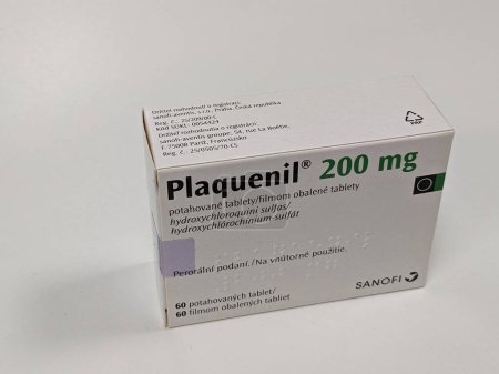 Photo for Prague,Czech republic- June 22 2023: box of Plaquenil with active pharmaceutical substance Hydroxychloroquine used as a disease-modifying anti-rheumatic drug (DMARD). It can decrease the pain and swelling of arthritis which can prevent joint damage - Royalty Free Image