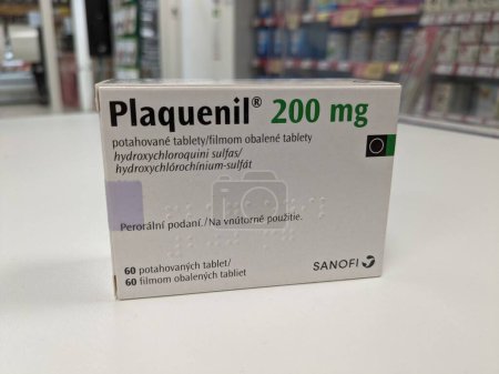 Photo for Prague,Czech republic- June 22 2023: box of Plaquenil with active pharmaceutical substance Hydroxychloroquine used as a disease-modifying anti-rheumatic drug (DMARD). It can decrease the pain and swelling of arthritis which can prevent joint damage - Royalty Free Image
