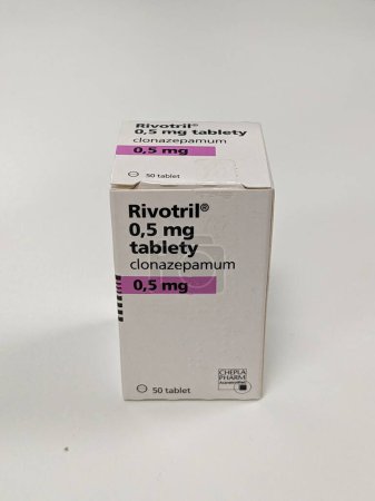 Photo for Prague,Czech republic- June 22 2023: box of RIVOTRIL 0,5mg with active pharmaceutical substance CLONAZEPAMUM used to prevent and treat anxiety disorders, seizures, bipolar mania, agitation associated with psychosis, OCD, akathisia.tranquilizer - Royalty Free Image