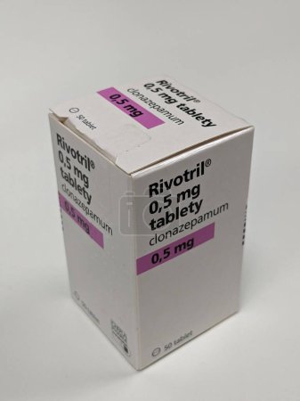 Photo for Prague,Czech republic- June 22 2023: box of RIVOTRIL 0,5mg with active pharmaceutical substance CLONAZEPAMUM used to prevent and treat anxiety disorders, seizures, bipolar mania, agitation associated with psychosis, OCD, akathisia.tranquilizer - Royalty Free Image