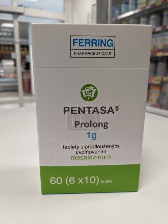 Photo for Prague,Czech republic- June 22 2023: box of PENTASA Prolong 1G  with active pharmaceutical substance MESALAZINUM used as treatment of inflammatory bowel disease, including ulcerative colitis and Crohn's disease,heatlh care Czech republic,Europe - Royalty Free Image