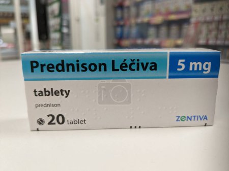 Photo for Prague,Czech republic- June 22 2023: box of Prednison Leciva-ZENTIVA with active pharmaceutical substance prednison used as a glucocorticoid medication mostly used to suppress the immune system and decrease inflammation in conditions such as asthma - Royalty Free Image