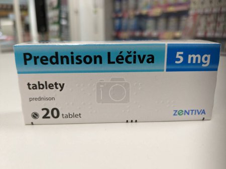Photo for Prague,Czech republic- June 22 2023: box of Prednison Leciva-ZENTIVA with active pharmaceutical substance prednison used as a glucocorticoid medication mostly used to suppress the immune system and decrease inflammation in conditions such as asthma - Royalty Free Image