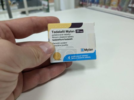 Photo for Cialis under generics drug name Tadalafil Mylan,used as an erectile dysfunction treatment and enlarged prostate therapy,active substance Tadalafil - Royalty Free Image