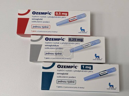 Photo for Prague,Czech republic- June 22 2023: Ozempic box. Czech version of ozempic medication. Diabetes treatment in Czech republic. Package of semaglutide. Diabetes drug.Sometimes abused for weight loss - Royalty Free Image